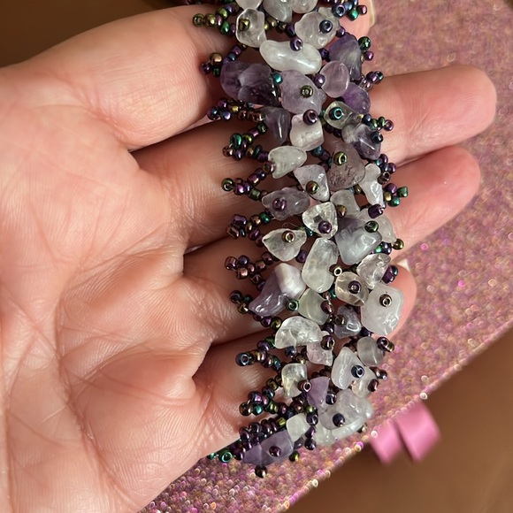 Genuine Amethyst and Borealis Seed Beaded Adjustable Cuff Bracelet - Picture 8 of 9